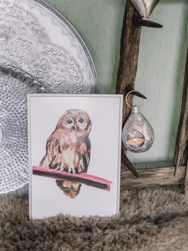 Owl, uil, bird, vogel, animal dieren print, Natuurlijk Angelart, Angela Peters. Illustratie Ink aquarel