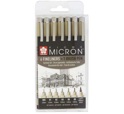 Pigma Micron set 6 Fineliners Zwart + 1 Brush pen + extra PN pen