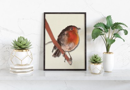 Black frame leaning on white shelve in bright interior with plan