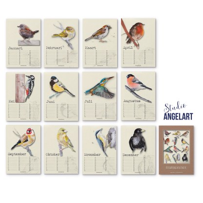 Verjaardagskalender vogels met 12 wenskaarten en pen - cadeauset