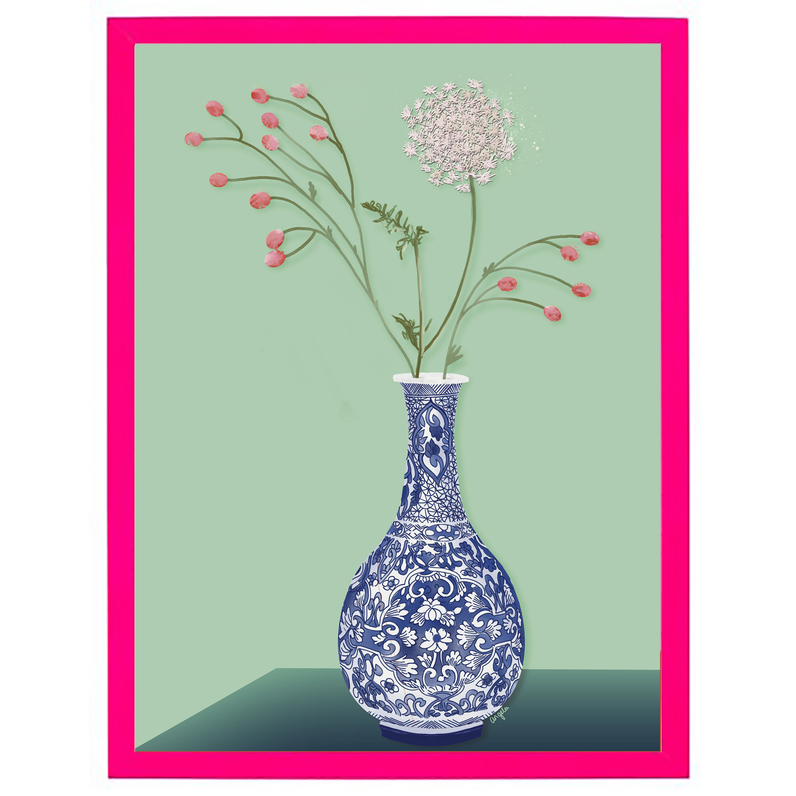 Delftsblauwe vaas met bloemen neon