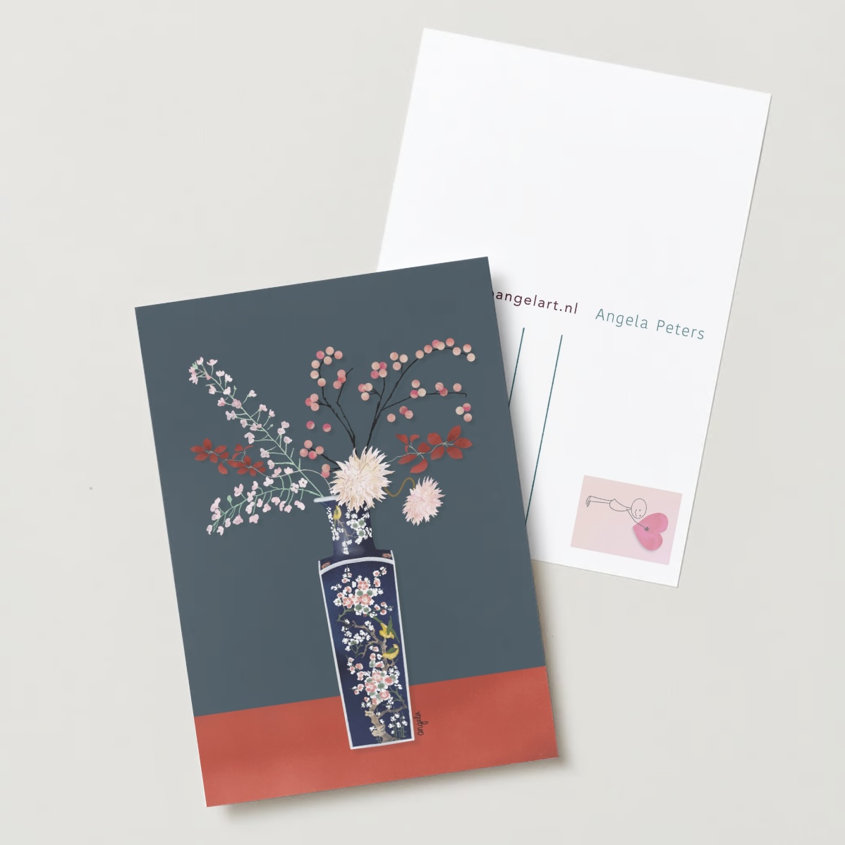 bloemen op oosterse vaas illustratie wenskaart