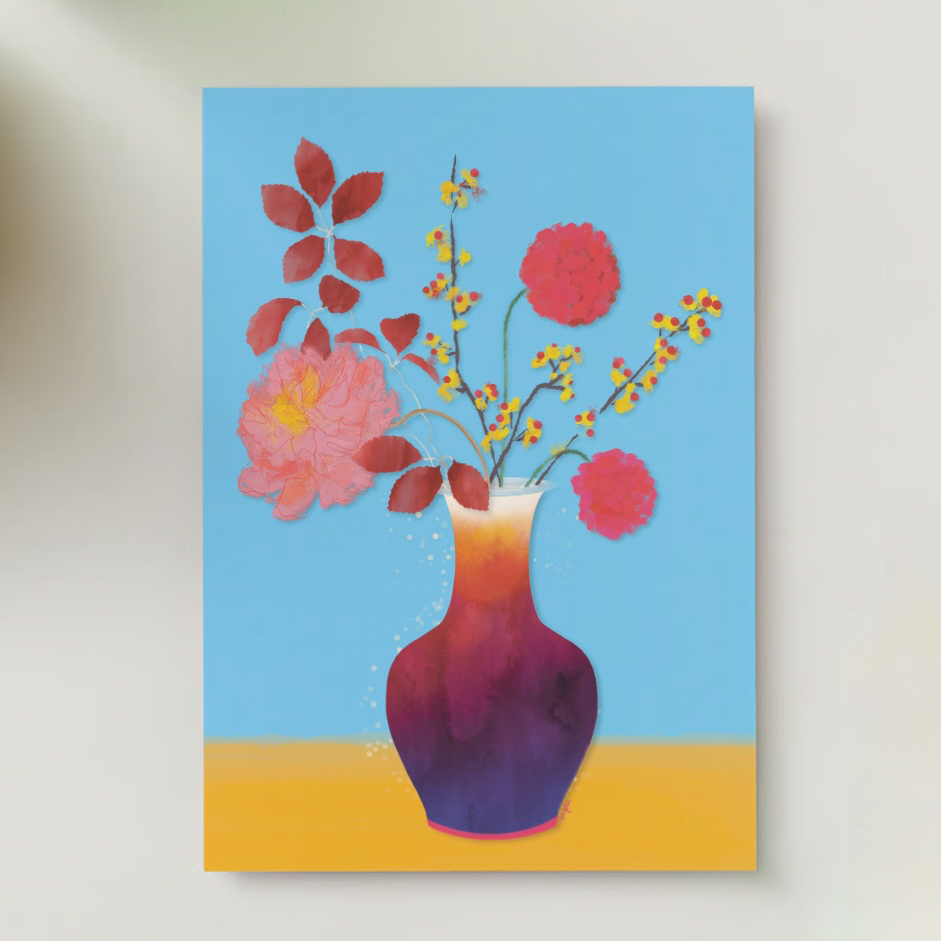 Bloemen op gekleurde vaas wenskaart