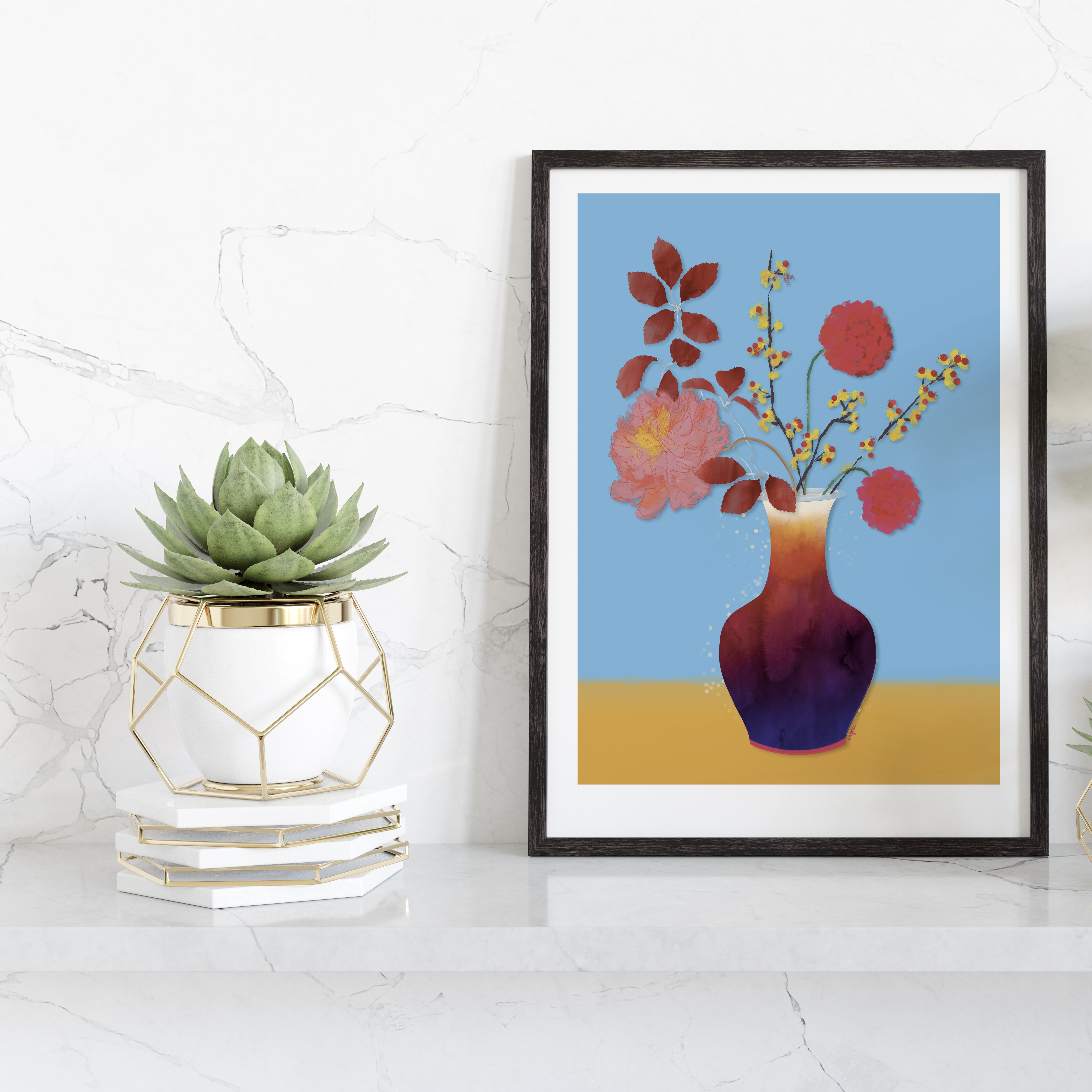 Bloemen op gekleurde vaas kunstprint