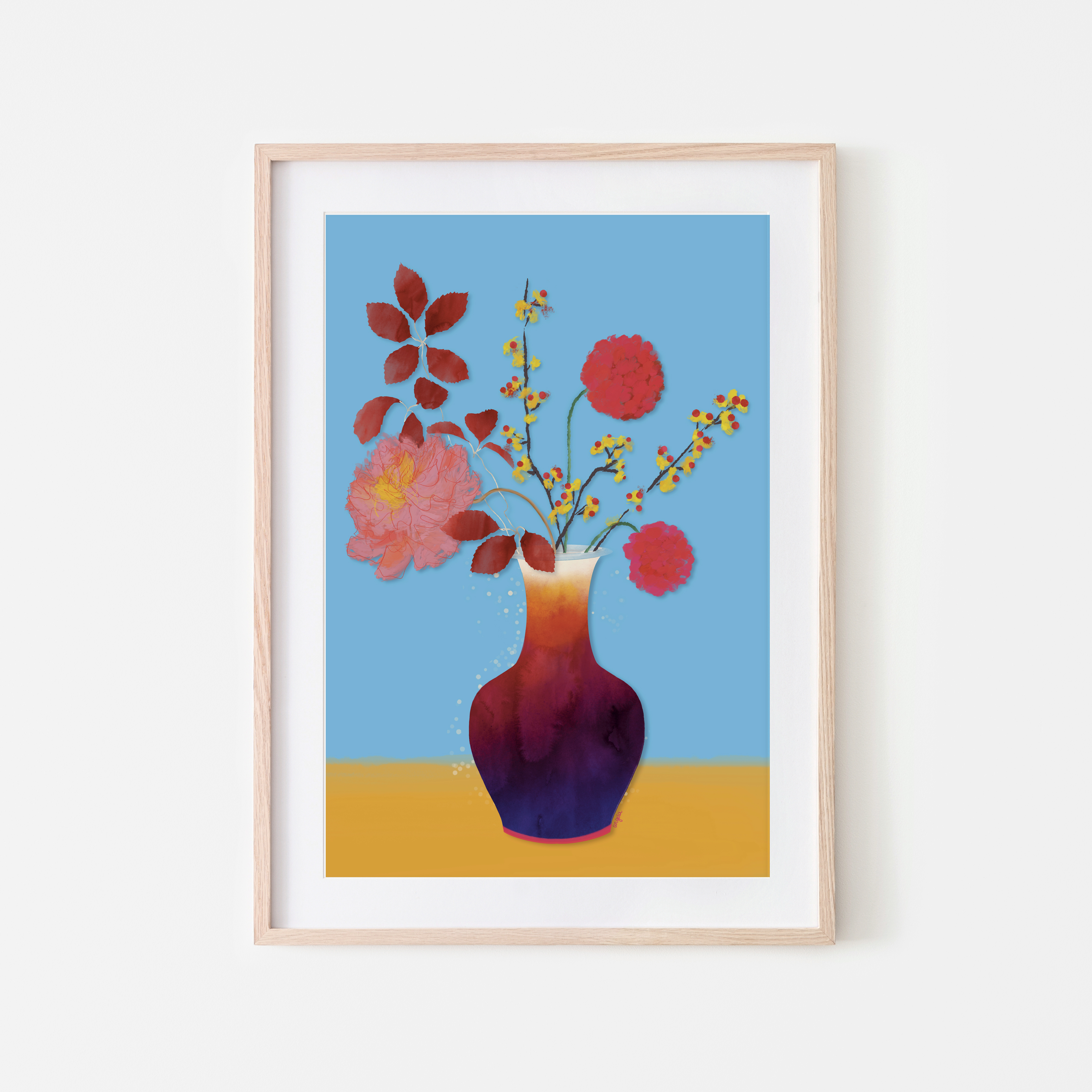 Bloemen op gekleurde vaas kunstprint
