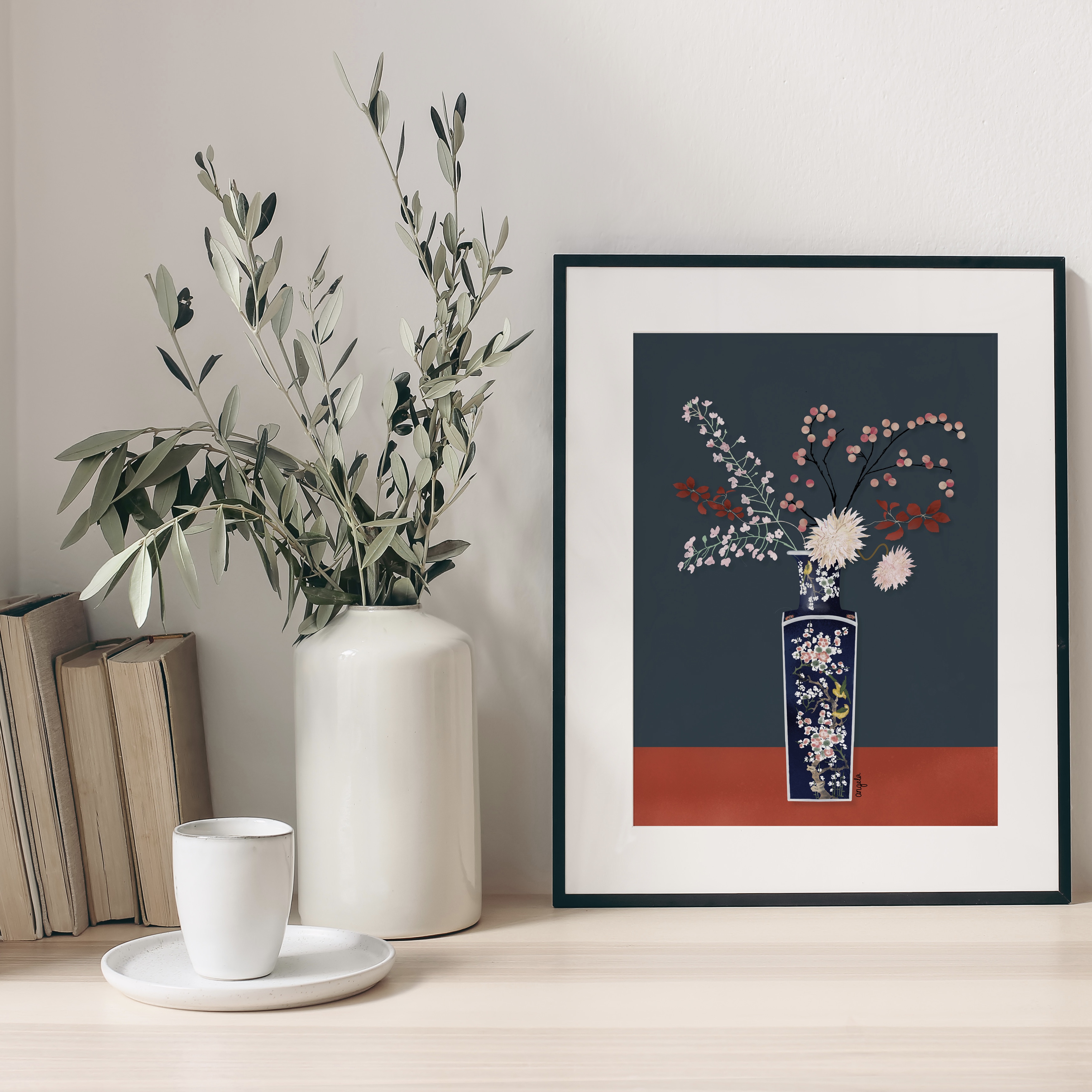 Bloemen op oosterse vaas illustratie kunstprint