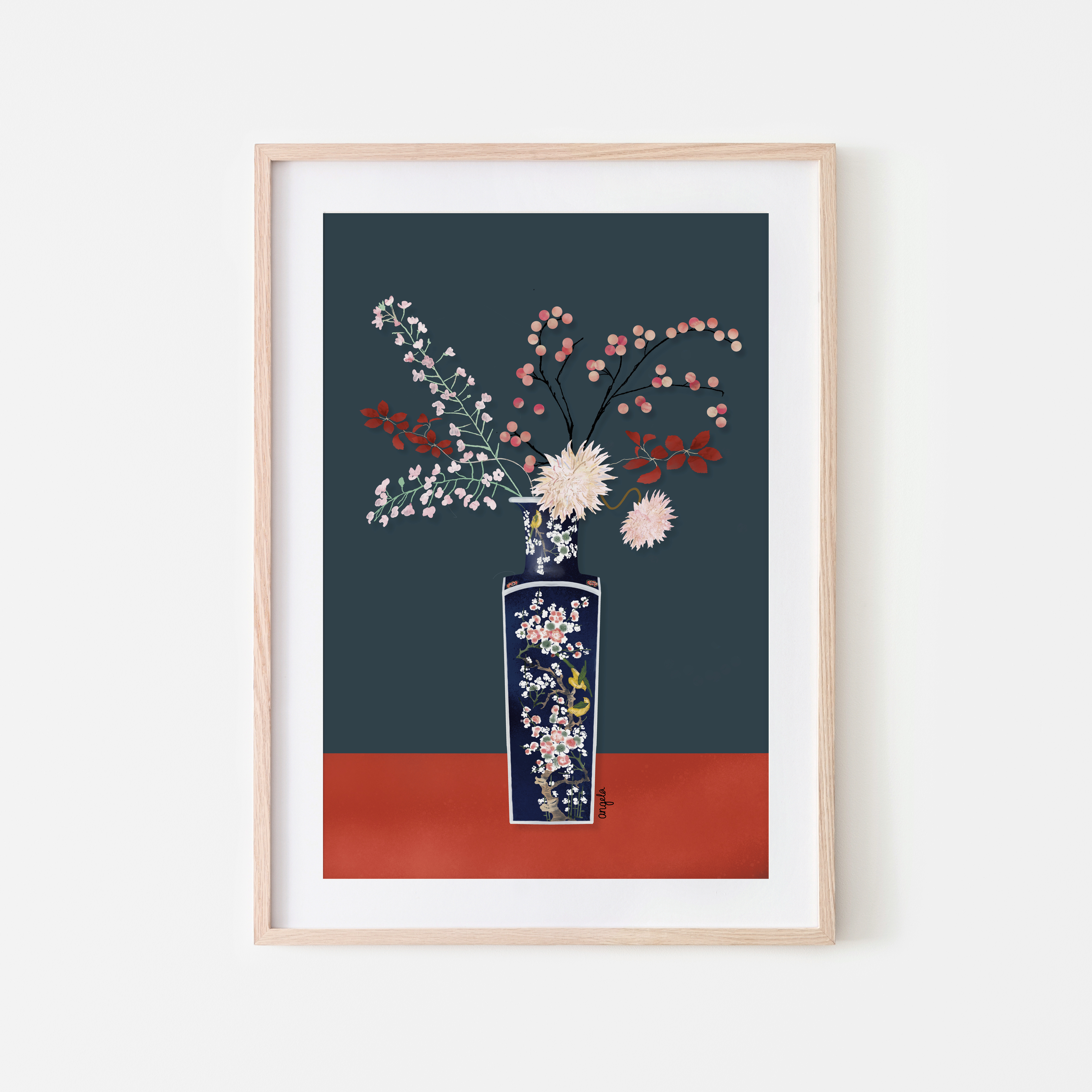 Bloemen op oosterse vaas illustratie kunstprint