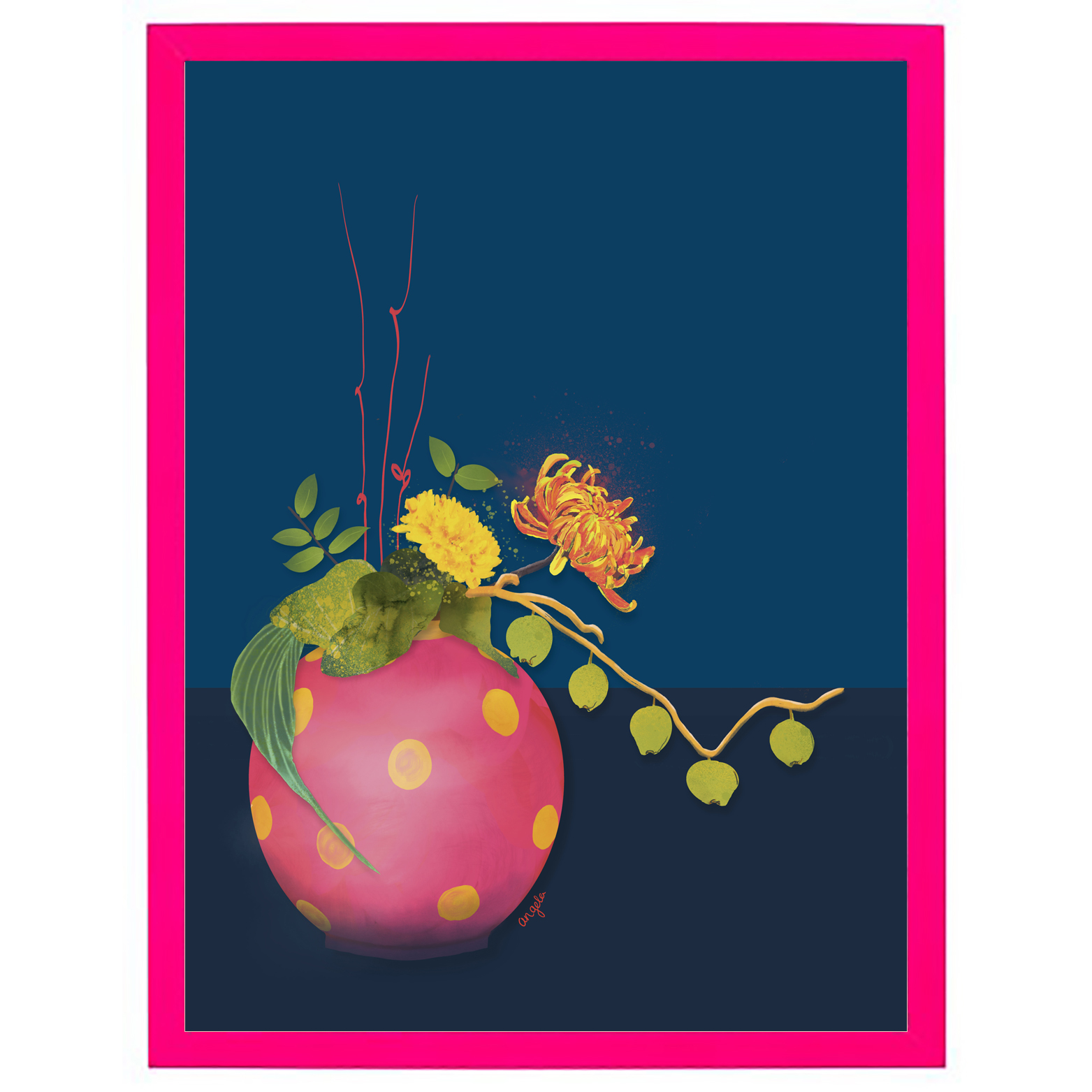 roze bol vaas met bloemen neon