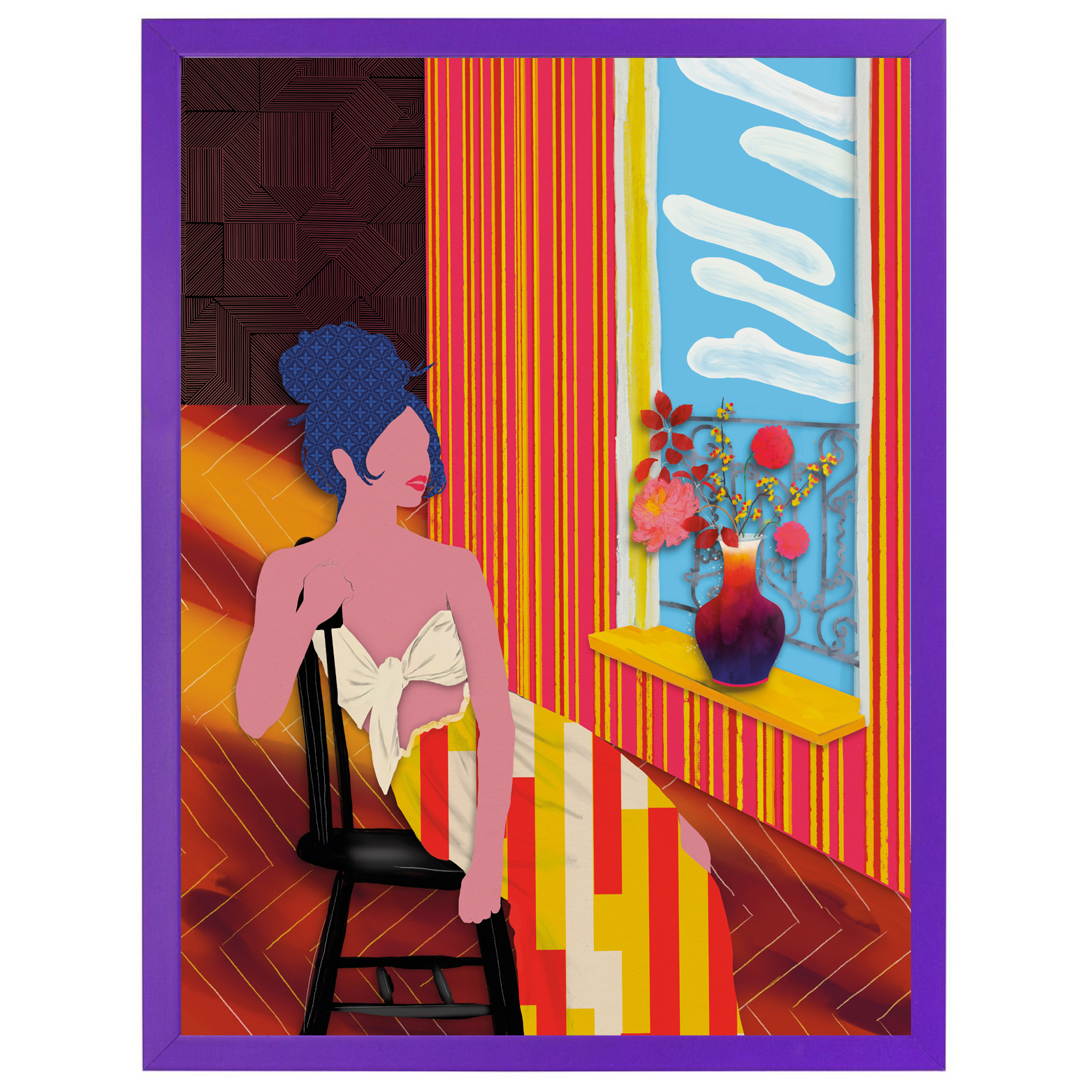 Vrouw voor het raam gicleé print In neon lijst