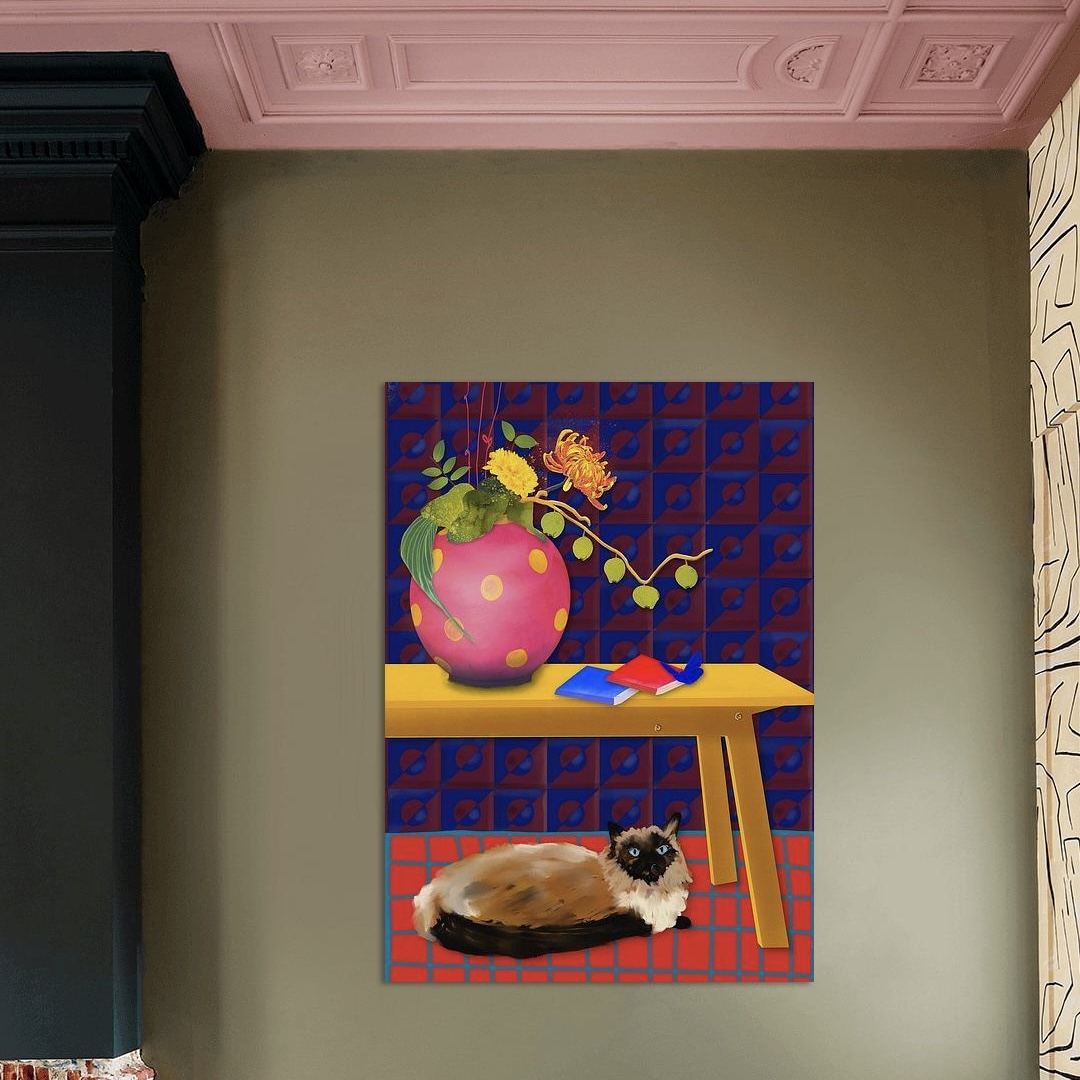 Poes onder de tafel kunstprint