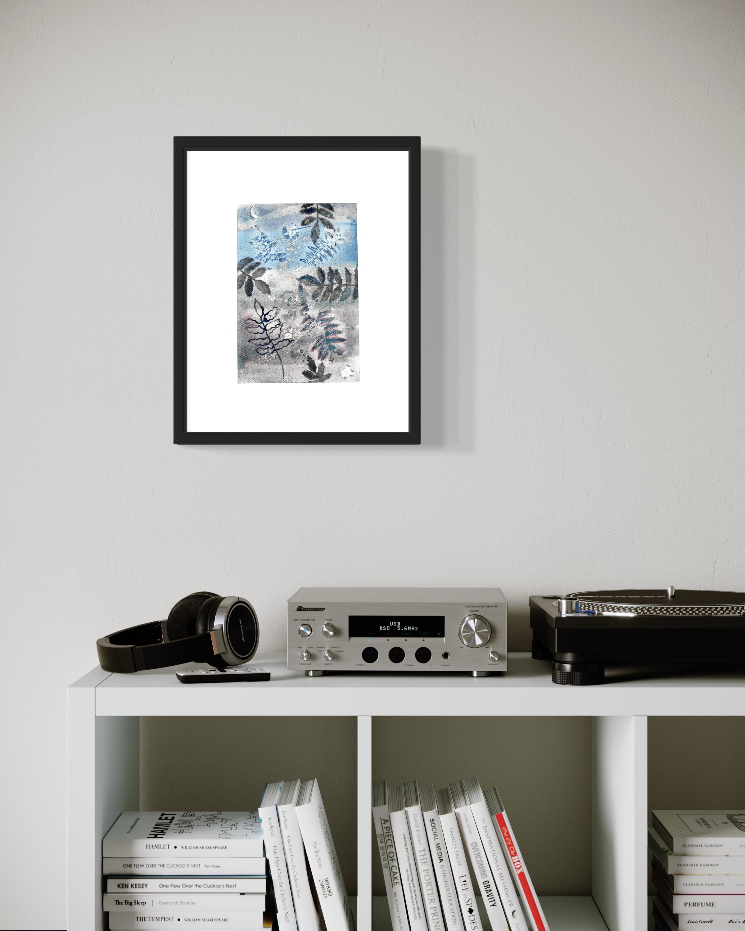 Bladeren in aquarelverf abstract werk in blauw paars