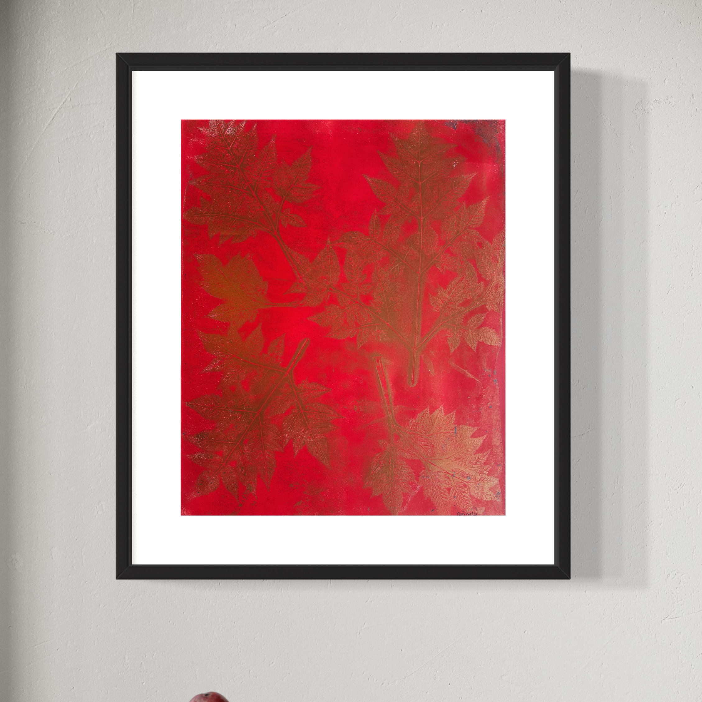 Monoprint plantafdruk  Rood en goud